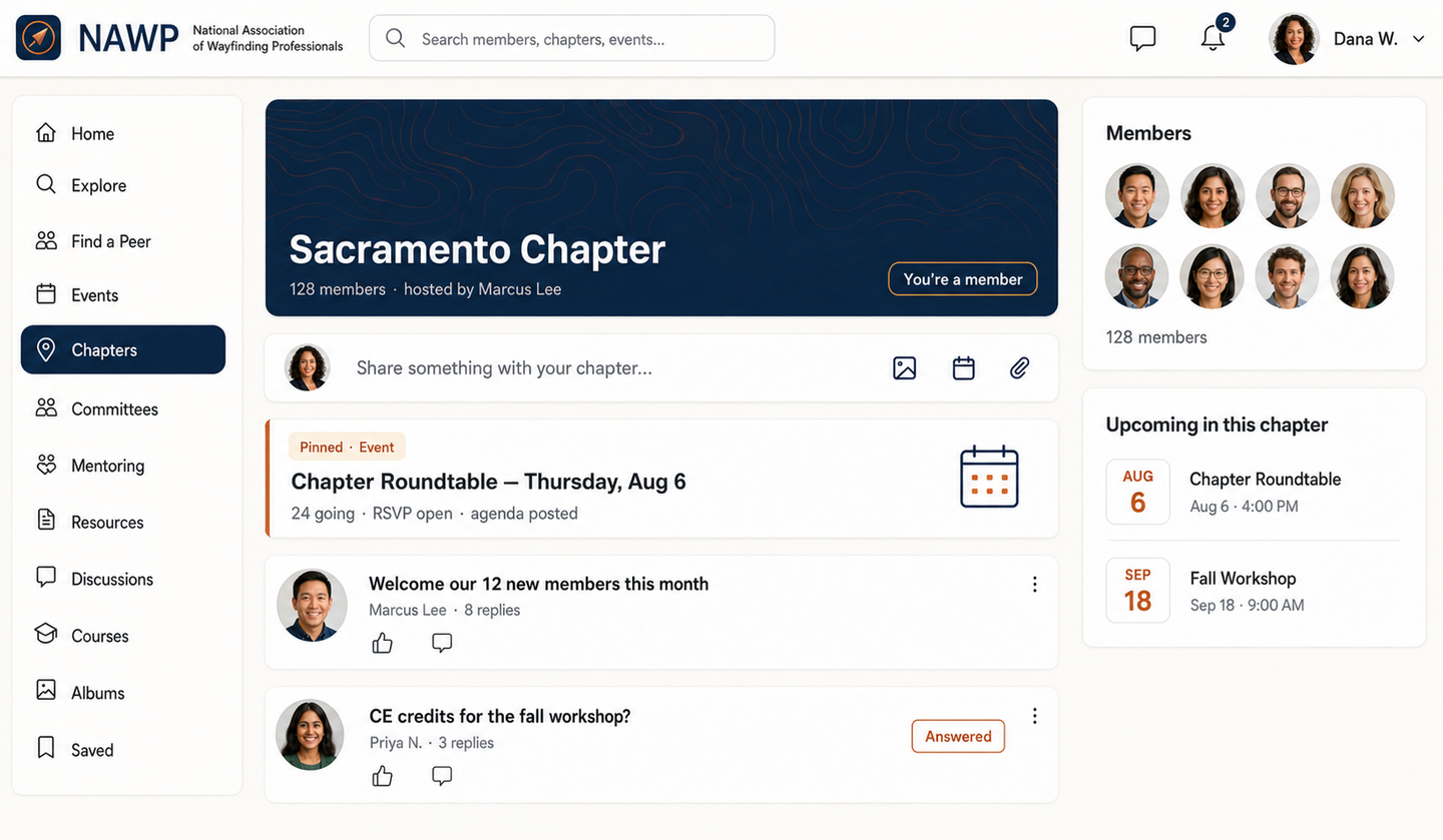 A chapter space with discussions, upcoming meetings, and member list