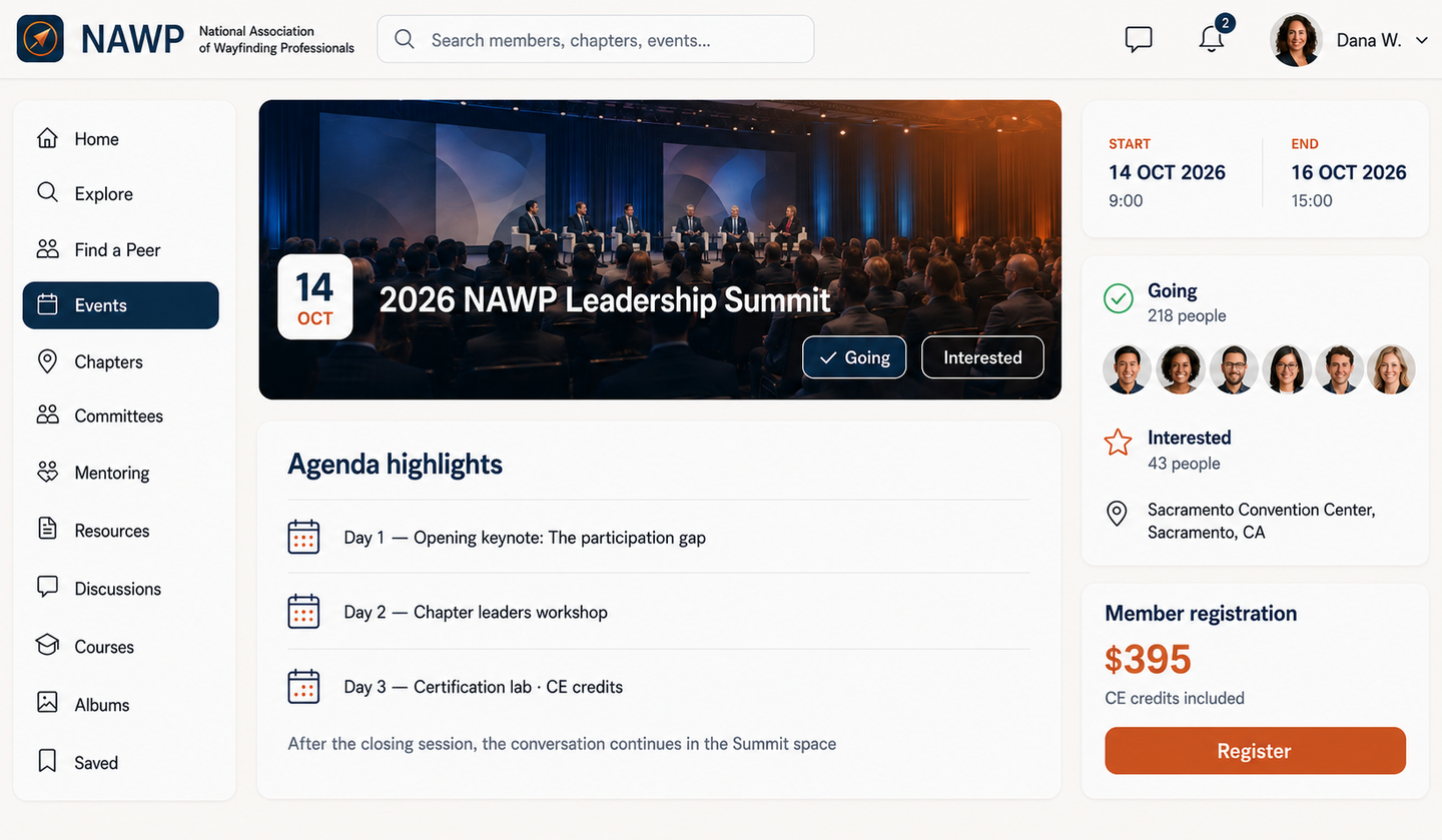 An event page with registration, agenda, and the discussion that continues afterward